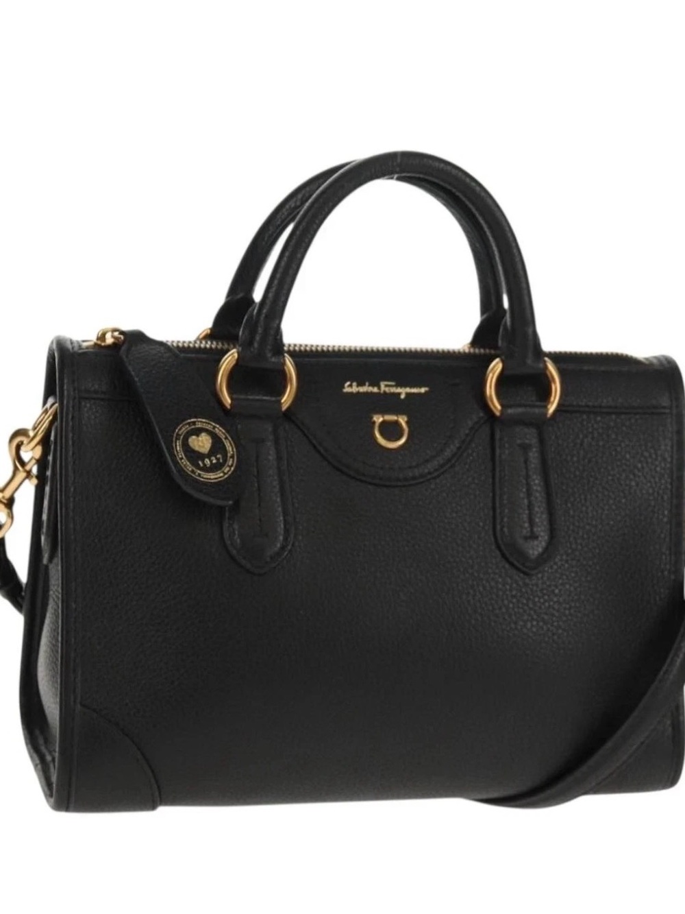 Salvatore Ferragamo Gianci New Black Pebbled Leather Satchel with Gold Hardware